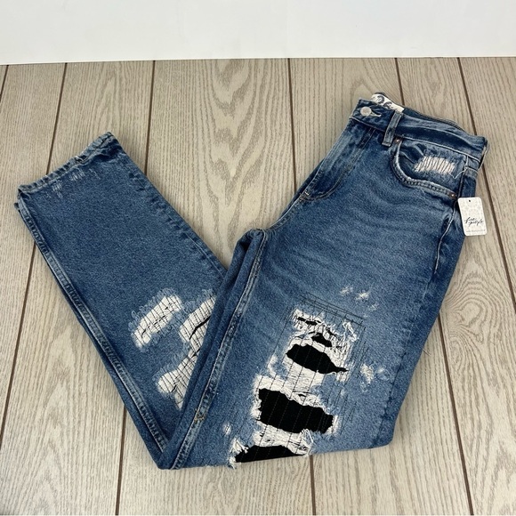 Free People McCoy Destroyed Patch Straight Leg Jeans 26 Tattered Blue $148 - Picture 4 of 11